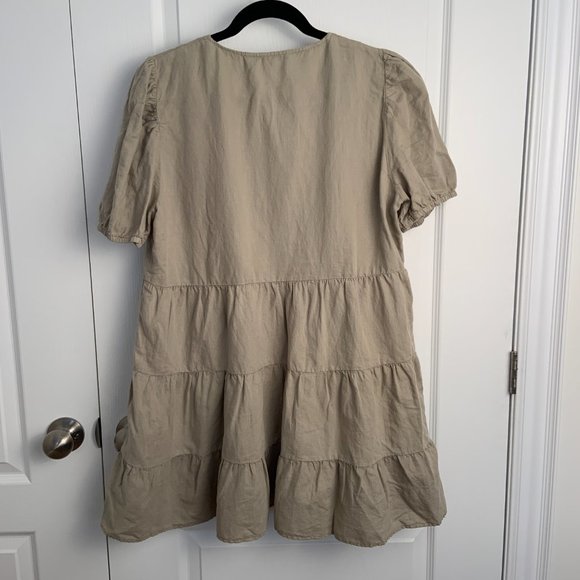 Zara Tiered Linen Blend Babydoll Dress V Neck Ruffled Hem Balloon Sleeve Size L - Picture 13 of 14